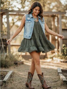 Lucky Brand Tiered Dress Olive Green Sleeveless Sz M